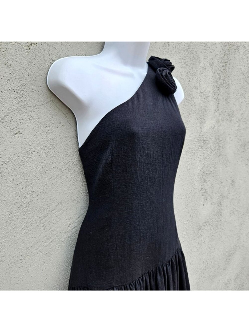 Vintage Georges Rech Paris Black One Shoulder Drop Waist Dress Rosette S - Picture 3 of 15